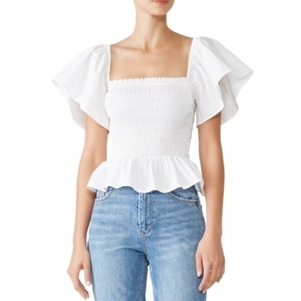 Josie Natori White Smocked Ruffle Blouse Top XS